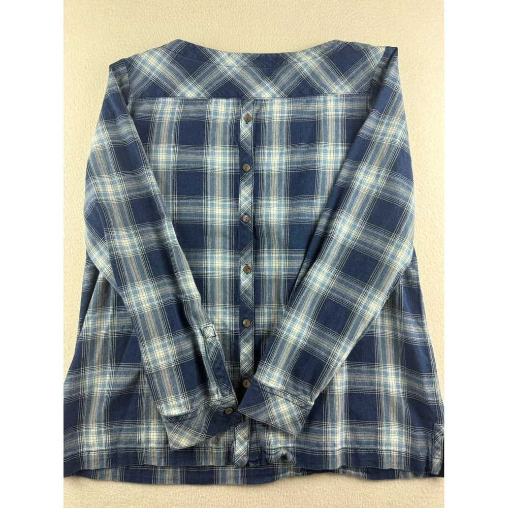 J Jill Womens Medium Tall Blue Plaid Cotton Button Back Long Sleeve Top Shirt